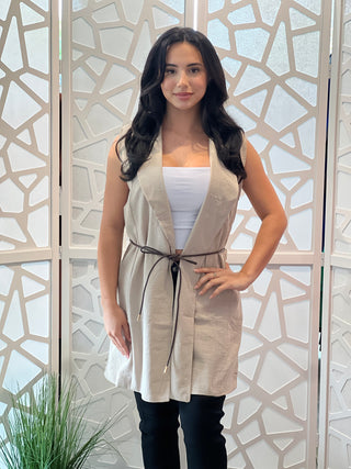 BELTED LINEN EFFECT LONG VEST