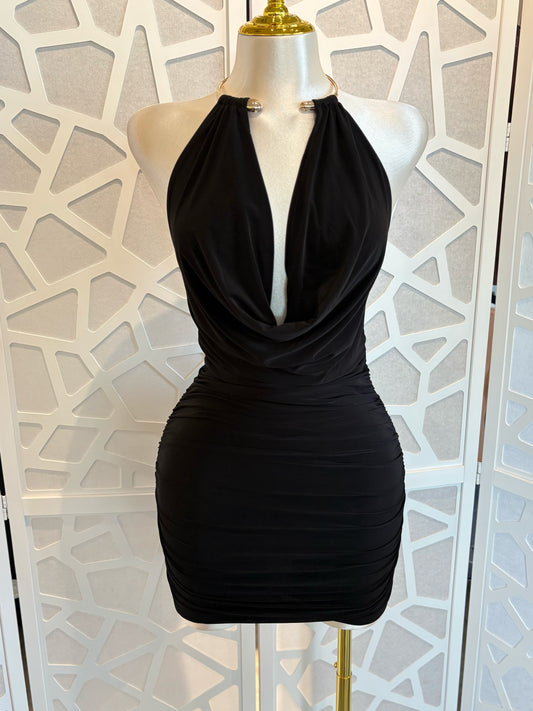 SLEEVELESS GOLD CUFF HALTER MINI DRESS