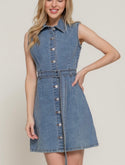 Sleeveless Stretch Denim Mini Shirt Dress
