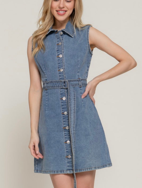 Sleeveless Stretch Denim Mini Shirt Dress