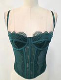 Lace and mesh corset top with adjustable straps and back hook and eye panel