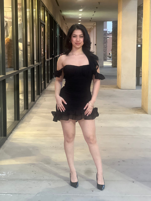 OFF SHOULDER MESH MINI DRESS