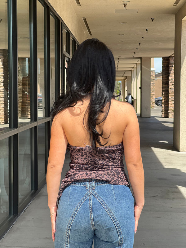 Leopard Print Mesh Cowl Lace Neck Halter Cami Top