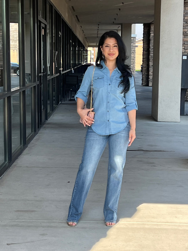 Button Down Chambray Denim Shirt With Side Rib