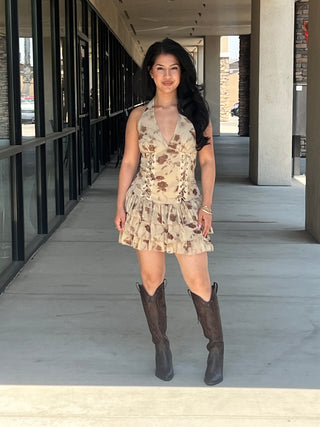 TAMARA HALTER LACE DETAIL MINI DRESS