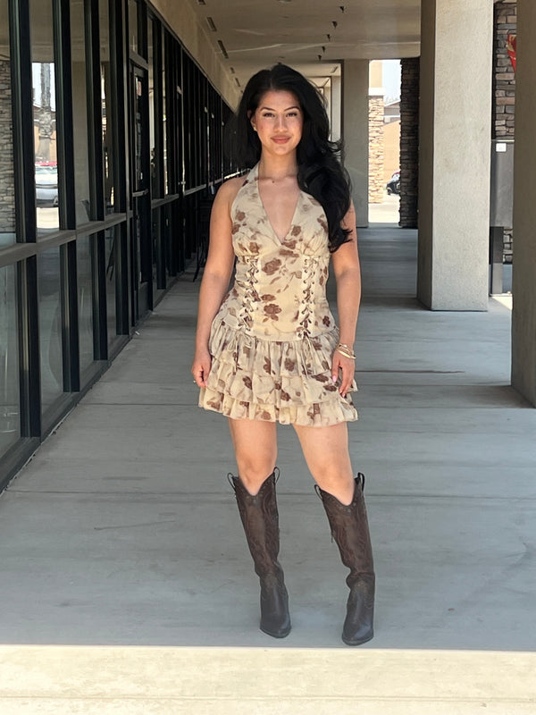 TAMARA HALTER LACE DETAIL MINI DRESS