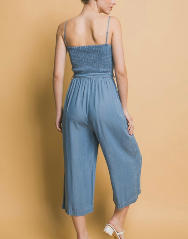 Smocked Wide Leg Cropped Jumpsuit