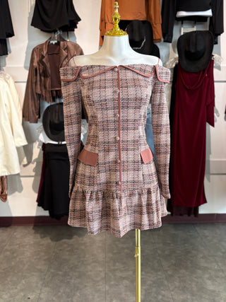 TWEED OFF SHOULDER RUFFLE MINI DRESS