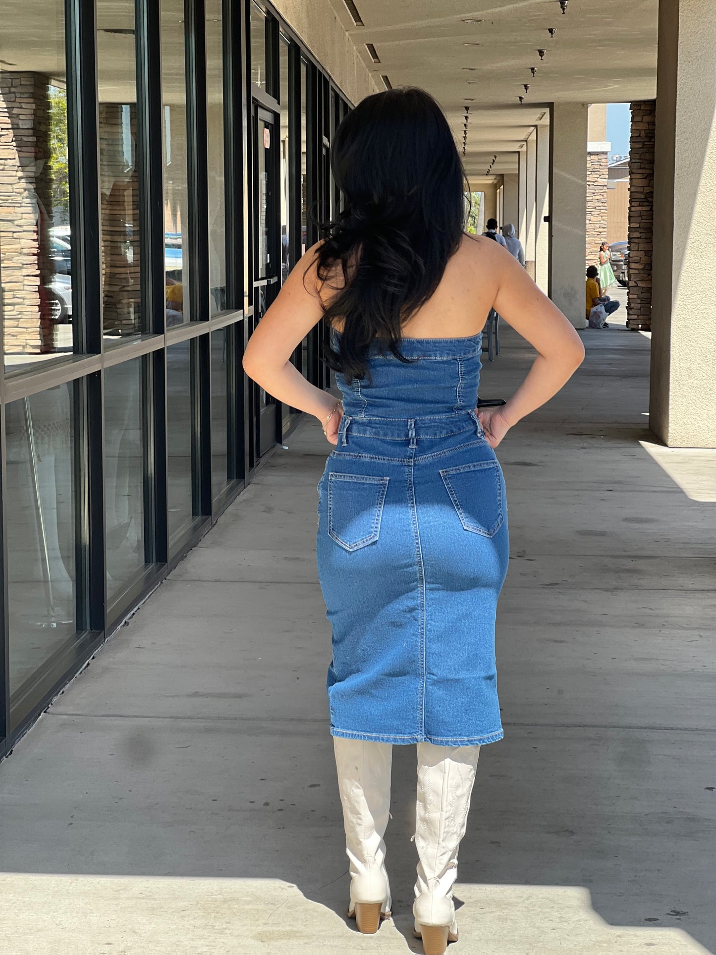 STRETCH DENIM WITH FRONT SLIT TUBE DRESS