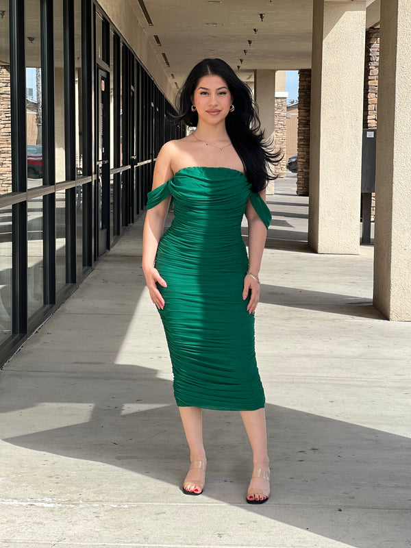 LUCIA OFF SHOULDER RUCHED MESH MIDI DRESS