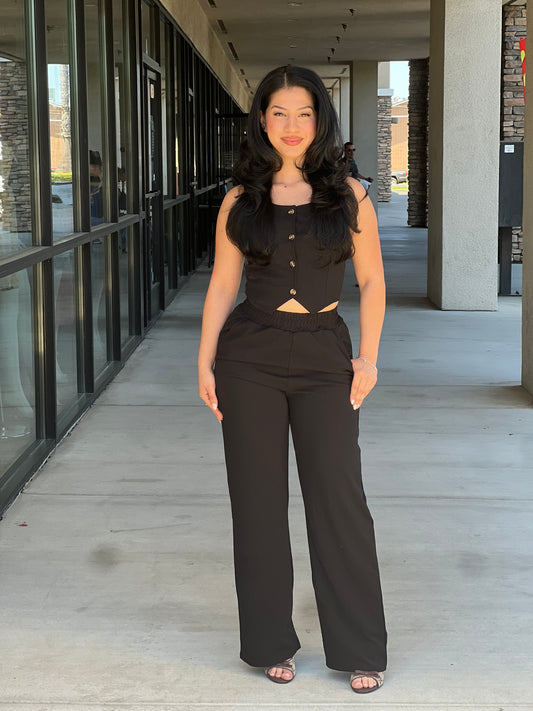 Scoop Neck Button Vest & Wide Leg Pants Set