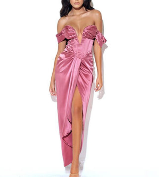 MISS CIRCLE Xophia Mauve Pink Off Shoulder Satin Corset Dress