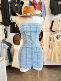 LIGHT WASH STRAPLESS STRETCH DENIM DRESS