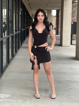 SLEEVELESS HALTER FRONT SLIT MINI DRESS