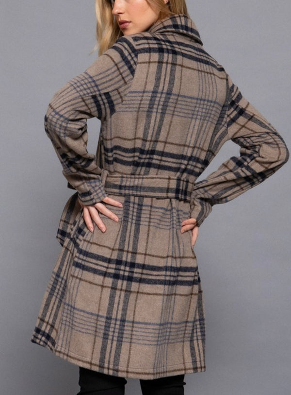 LONG SLEEVE NOTCHED COLLAR WITH WAIST BELT PLAID