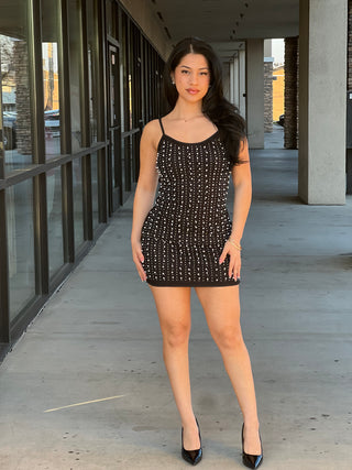 Mesh Inside Lining Pearl Beaded MINI Rhinestones Dress