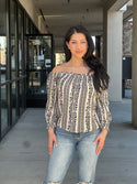 Floral Stripe Printed Button Down Off Shoulder Top