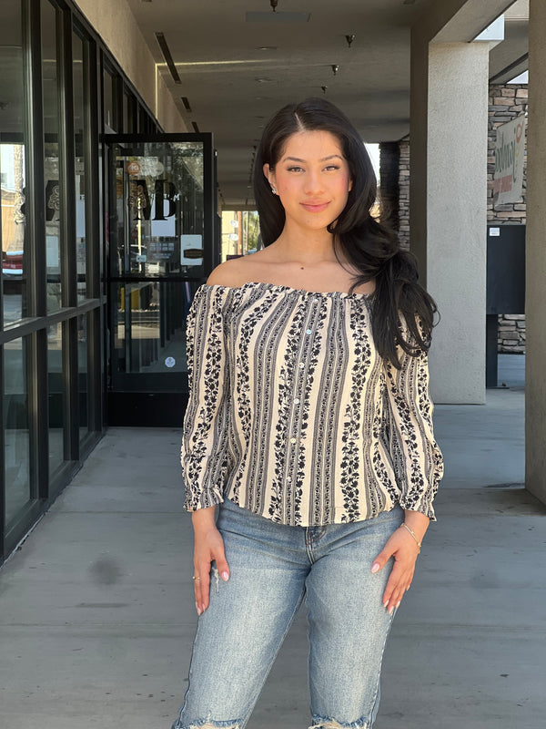Floral Stripe Printed Button Down Off Shoulder Top