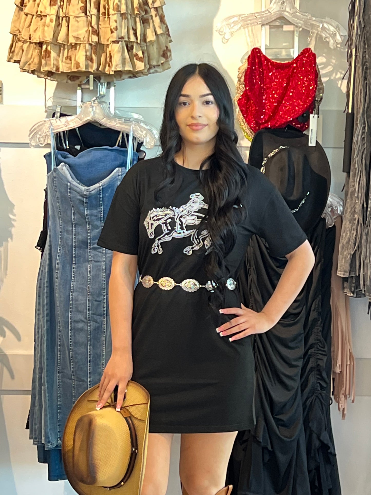 MK427 Deadwood Sequin Embellished Tee Dress: Black / 1XL