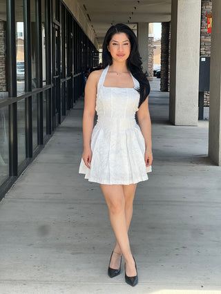 Floral Jacquard Knit Halter Fit & Flare Mini Dress