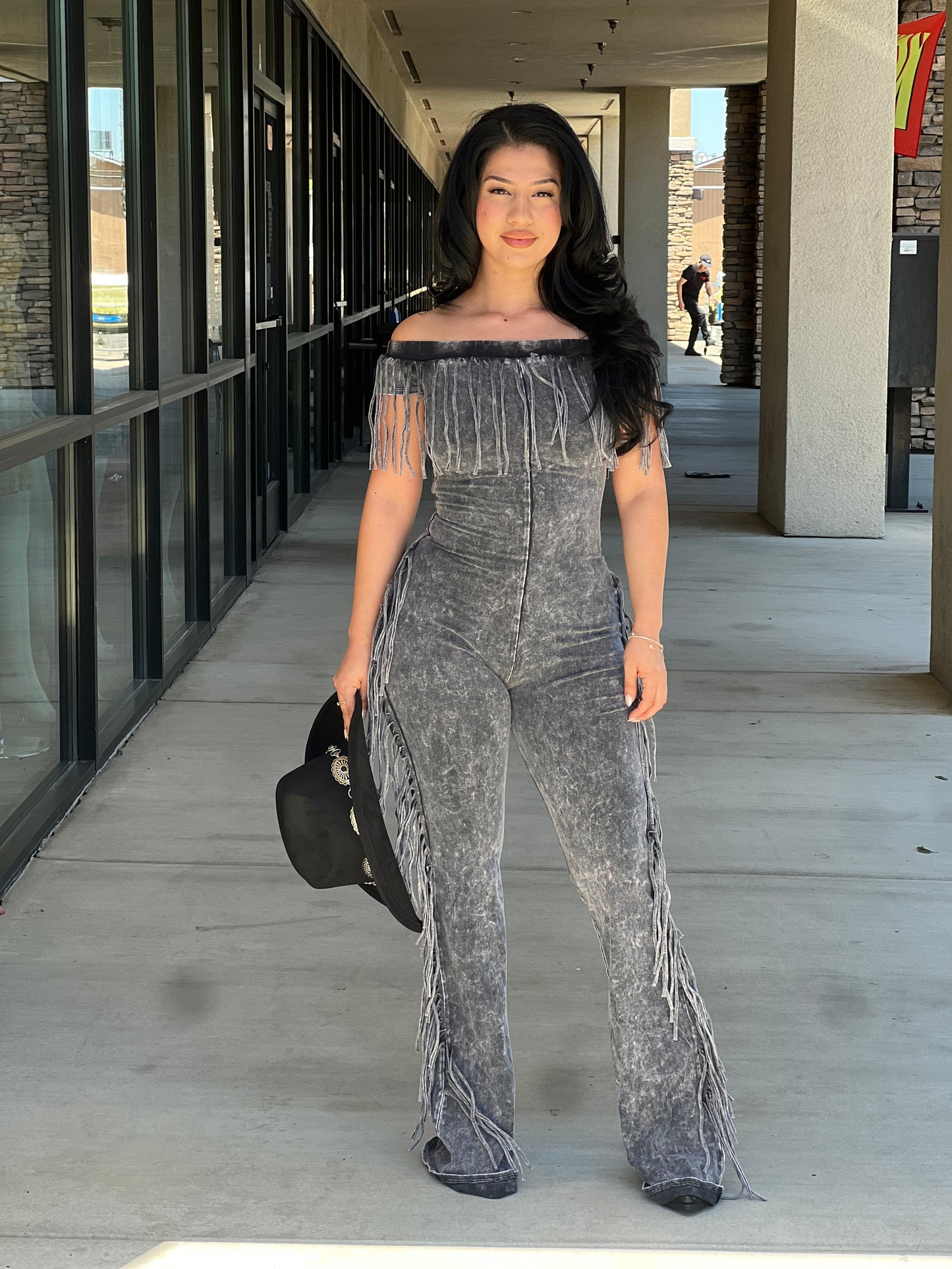 Mineral Wash Fringe Off Shoulder Jumpsuit