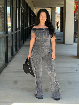 Mineral Wash Fringe Off Shoulder Jumpsuit