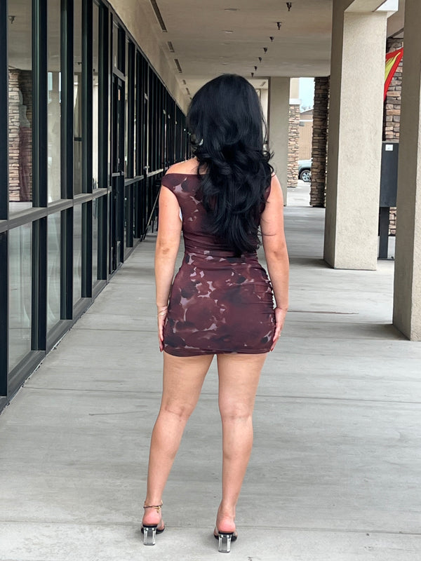 Off Shoulder Abstract Mesh Mini Dress