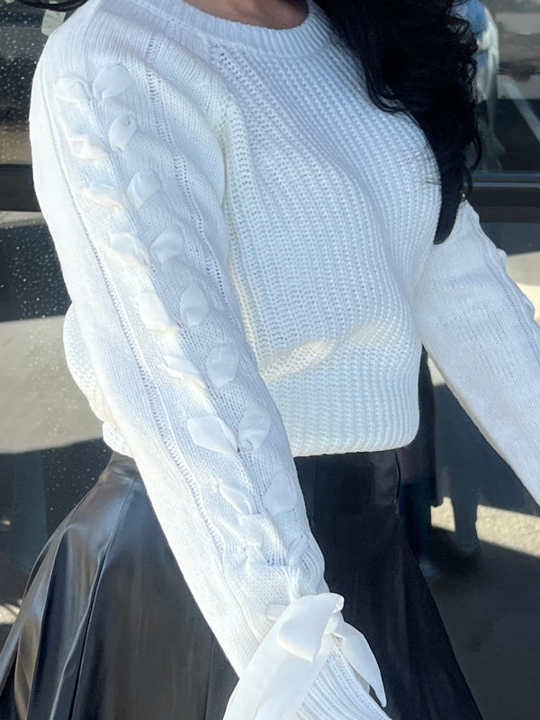 Sleeve Ribbon Round Neck Sweater