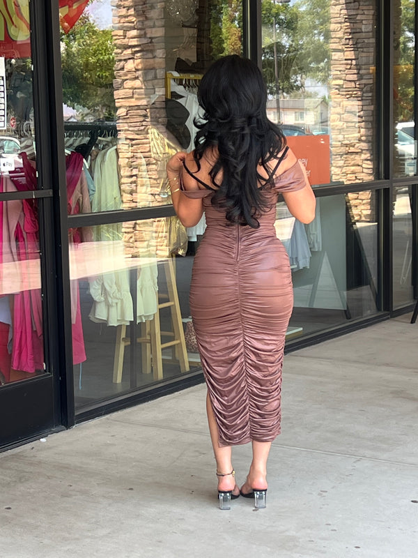 Leather midi dress with side slit