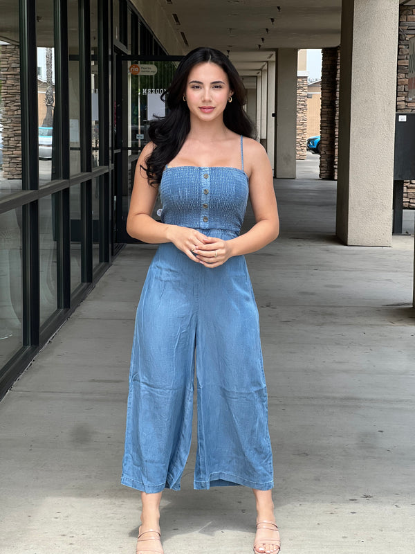 Smocked Wide Leg Cropped Jumpsuit