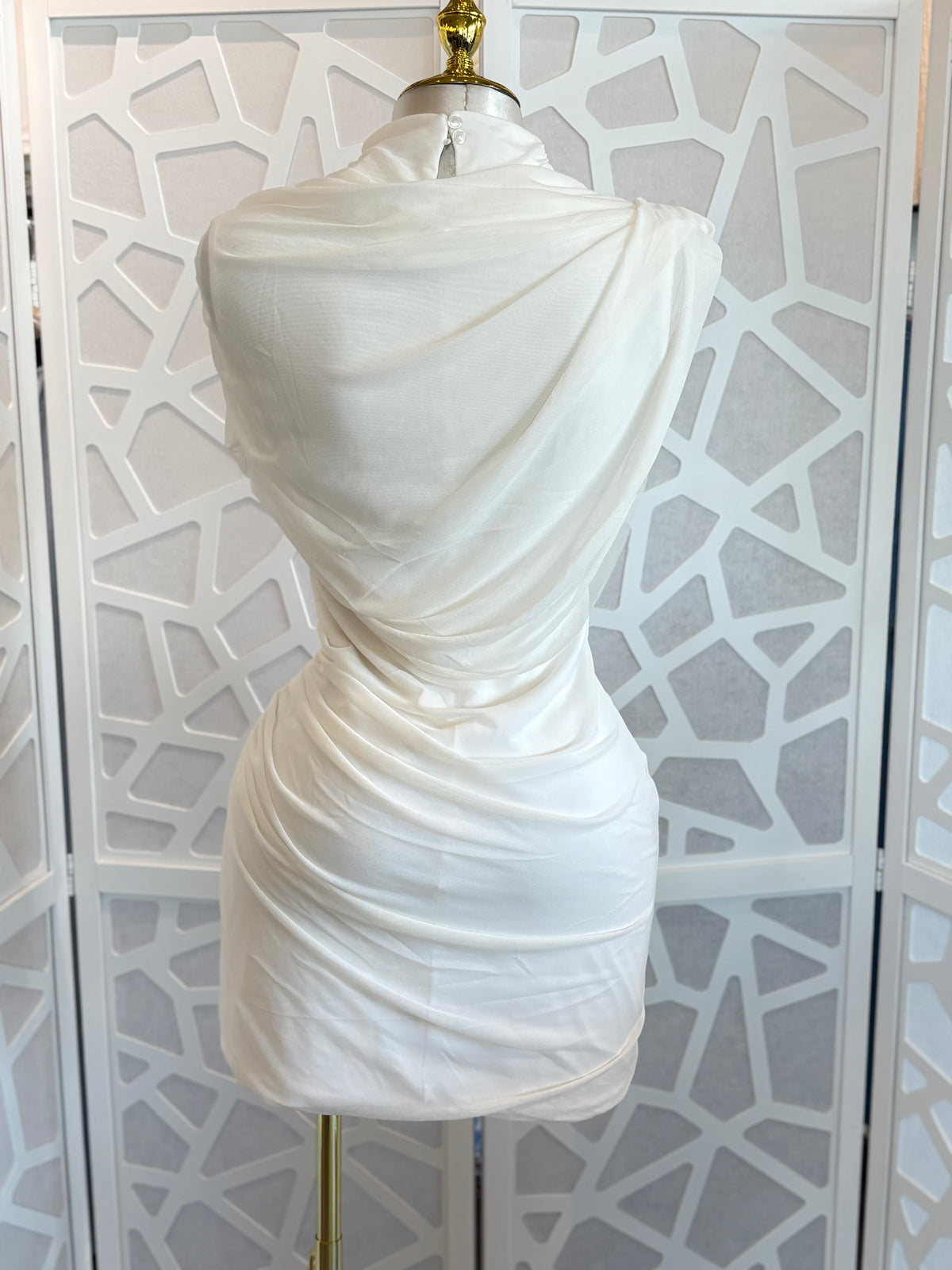 HIGH NECK CAP SLEEVE SHOULDER DRAPED DETAIL MESH MINI DRESS