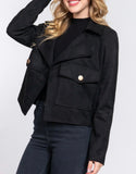 LONG SLEEVE NOTCHED COLLAR POCKET DETAIL OPEN FRONT FAUX SUEDE JACKET