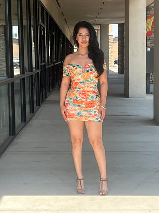 OFF SHOULDER WIRE INSET RUCHING MINI DRESS