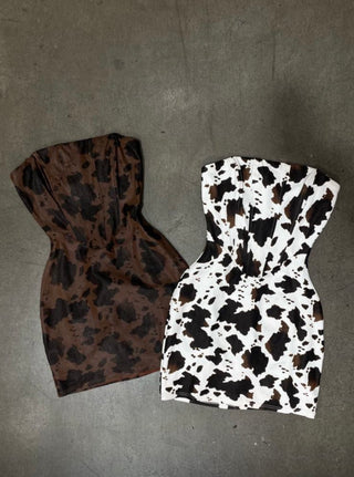 STRAPLESS COW PRINT TTED MIDI DRESS