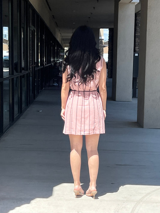 SLEEVELESS V NECKLINE WITH COLLAR & PU BELT DETAIL STRIPE PRINT LINEN DRESS