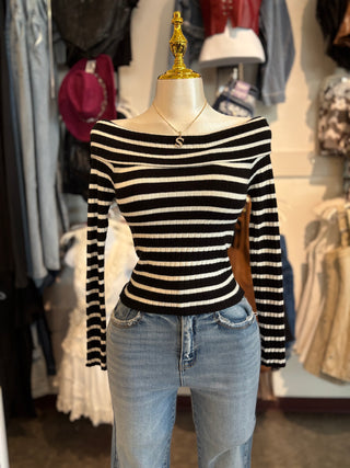 Stripe off shoulder long sleeve