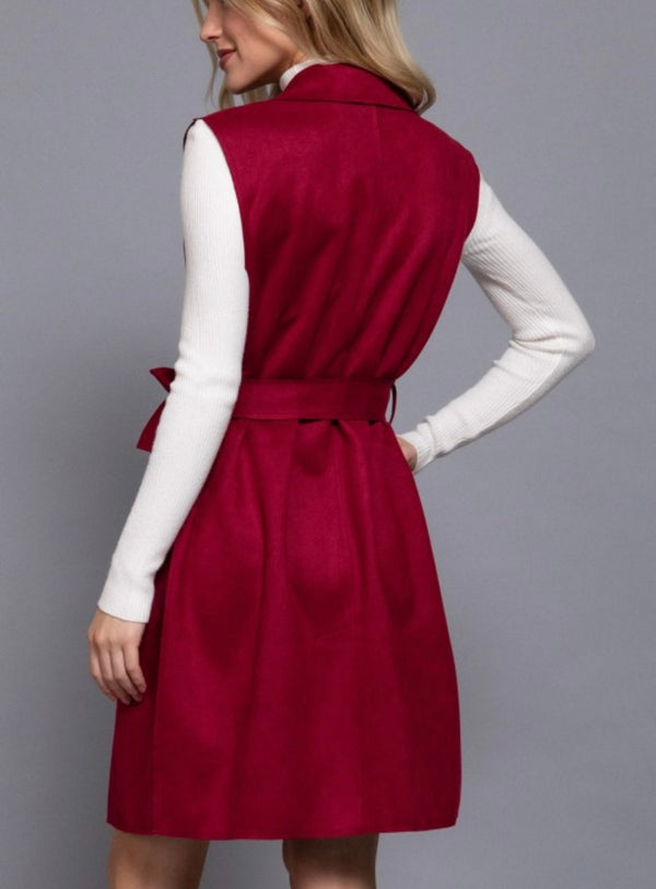NOTCHED COLLAR BELTED FAUX SUEDE VEST