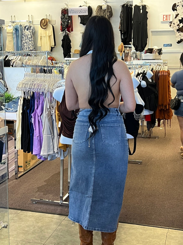 MK637Horse Shoe cut out Denim Skirt: Denim / L