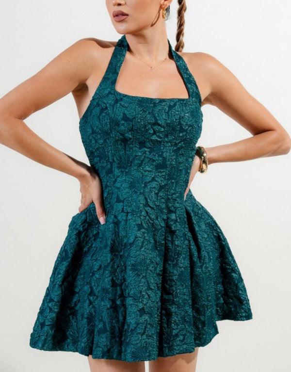 Floral Jacquard Knit Halter Fit & Flare Mini Dress