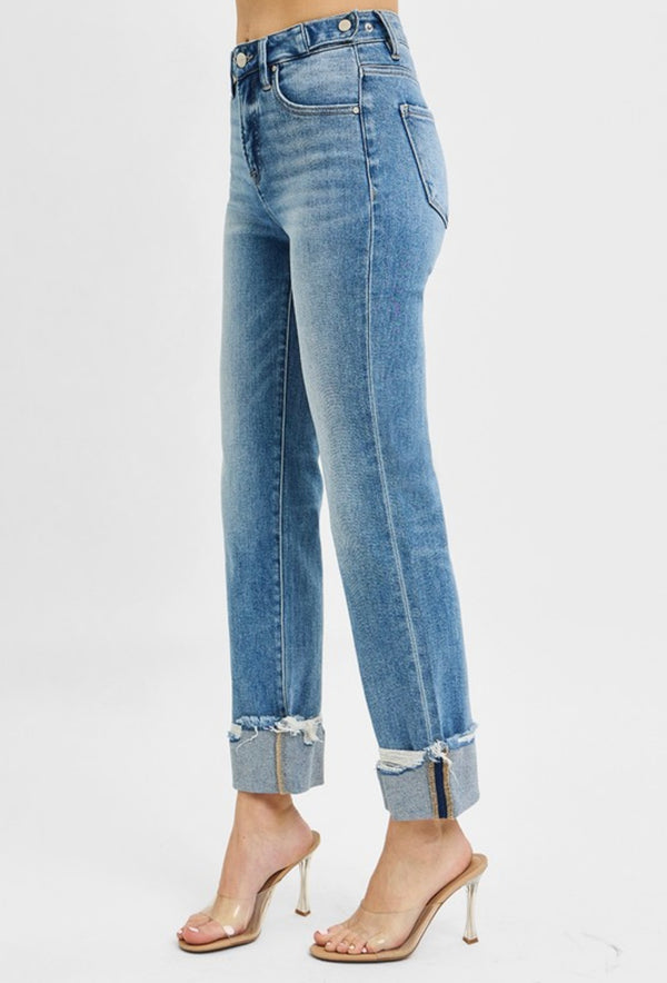 RISEN Tummy Control High Rise Crop Straight Cuffed Jeans