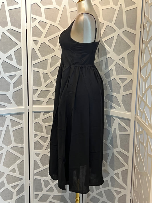 SQUARE NECK FRONT TIE CORSET DETAIL MIDI DRESS