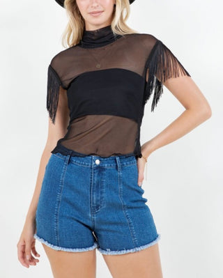 Mock Neck Fringe Sleeve Meshtop