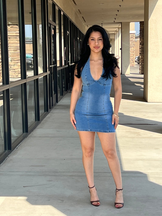 Light Wash Denim Halter Mini Dress