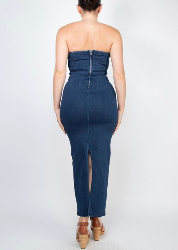 Back Slit Zippered Tube Denim Dress