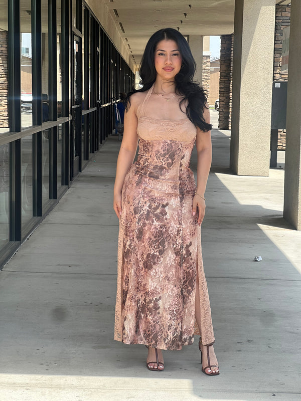 PRINTED LACE MIDI DRESS