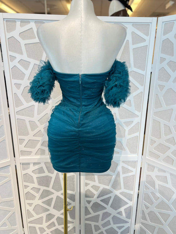 GLITTERED LAYERED PUFF RUFFLE SLEEVE MINI DRESS
