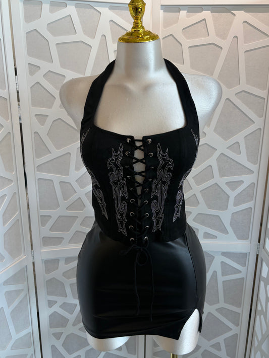 Tie Front Suede Top With Stitch Detail