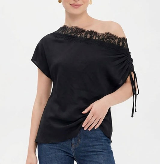 Draped Off Shoulder Lace Trim Blouse