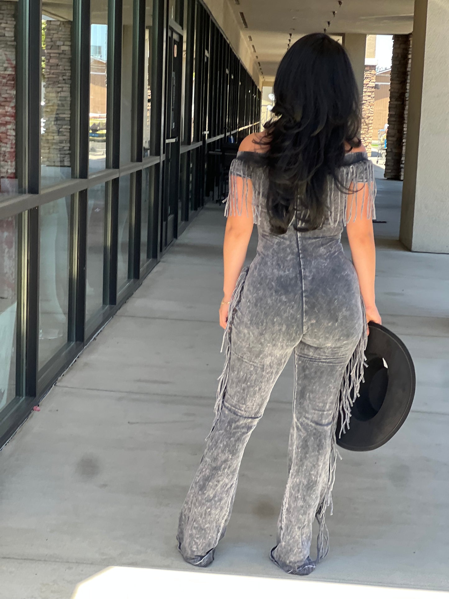 Mineral Wash Fringe Off Shoulder Jumpsuit