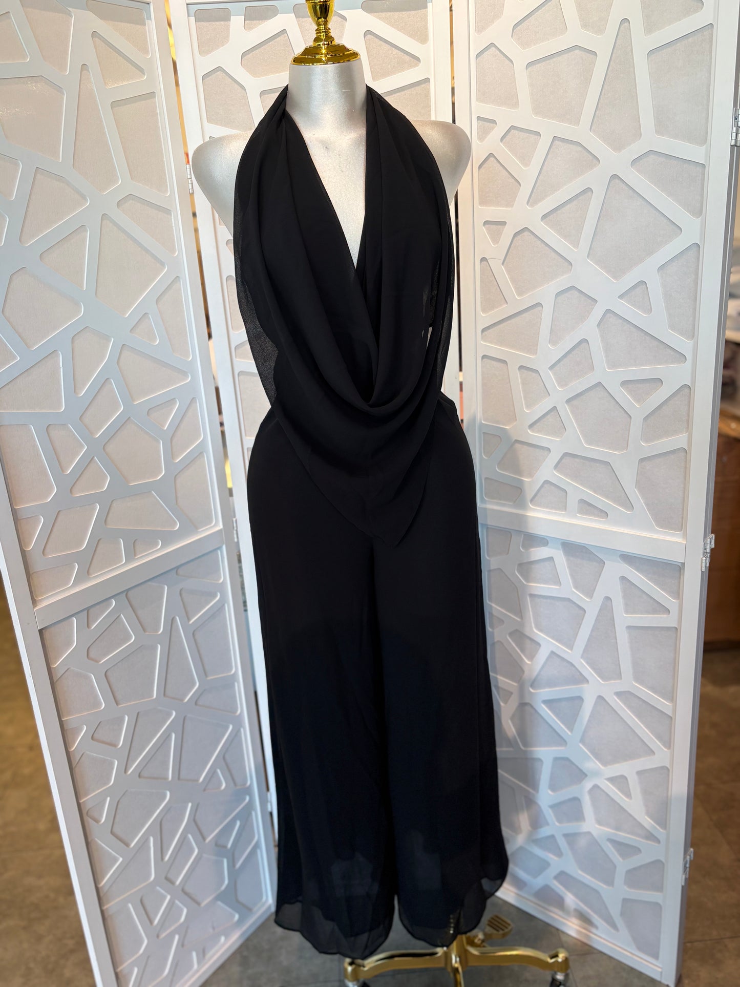 Midnight back less halter neck flare jumpsuit